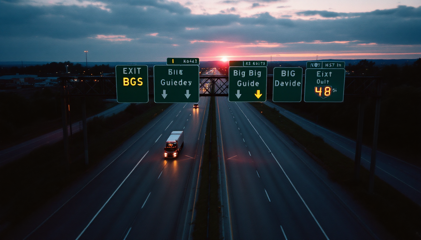 Aerial view looking down an American Interstate at dusk with glowing overhead exit signs