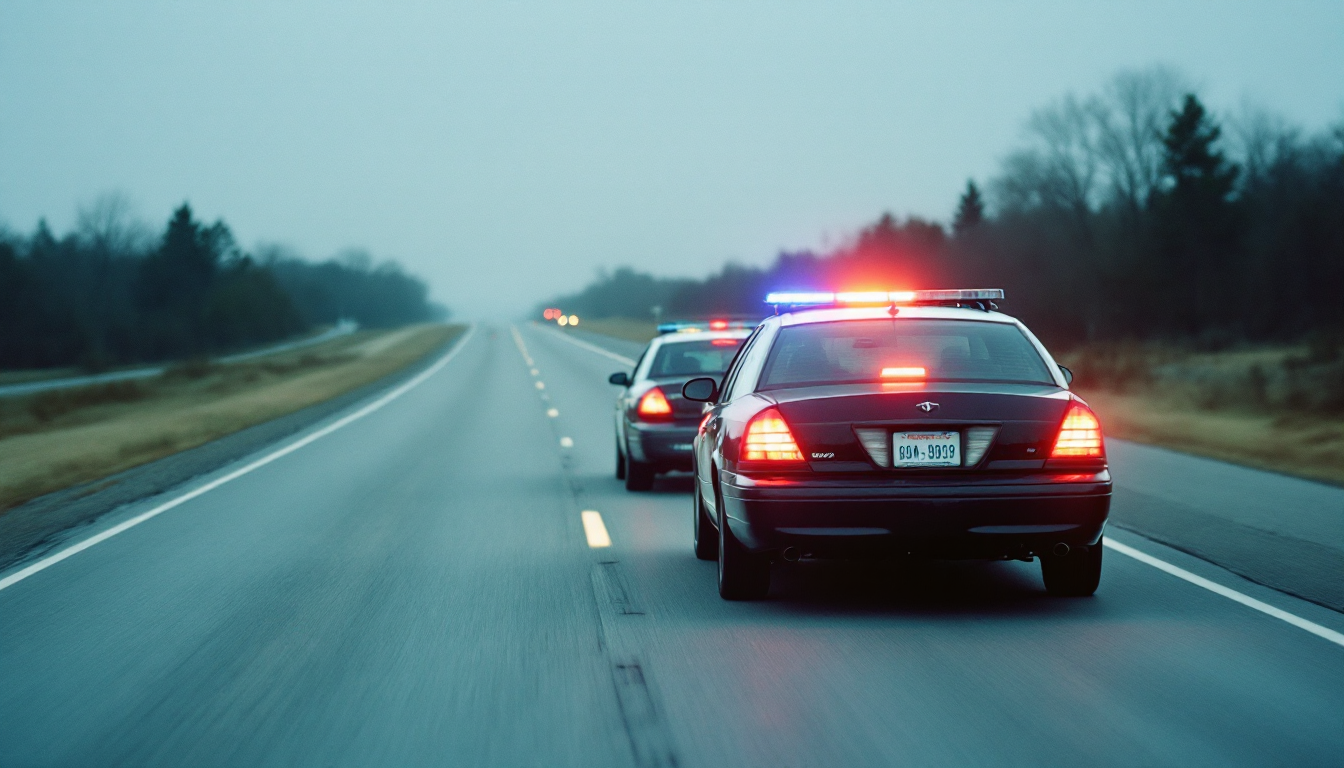 Calm daytime scene of a car pulled over on a US highway shoulder with a patrol cruiser behind it