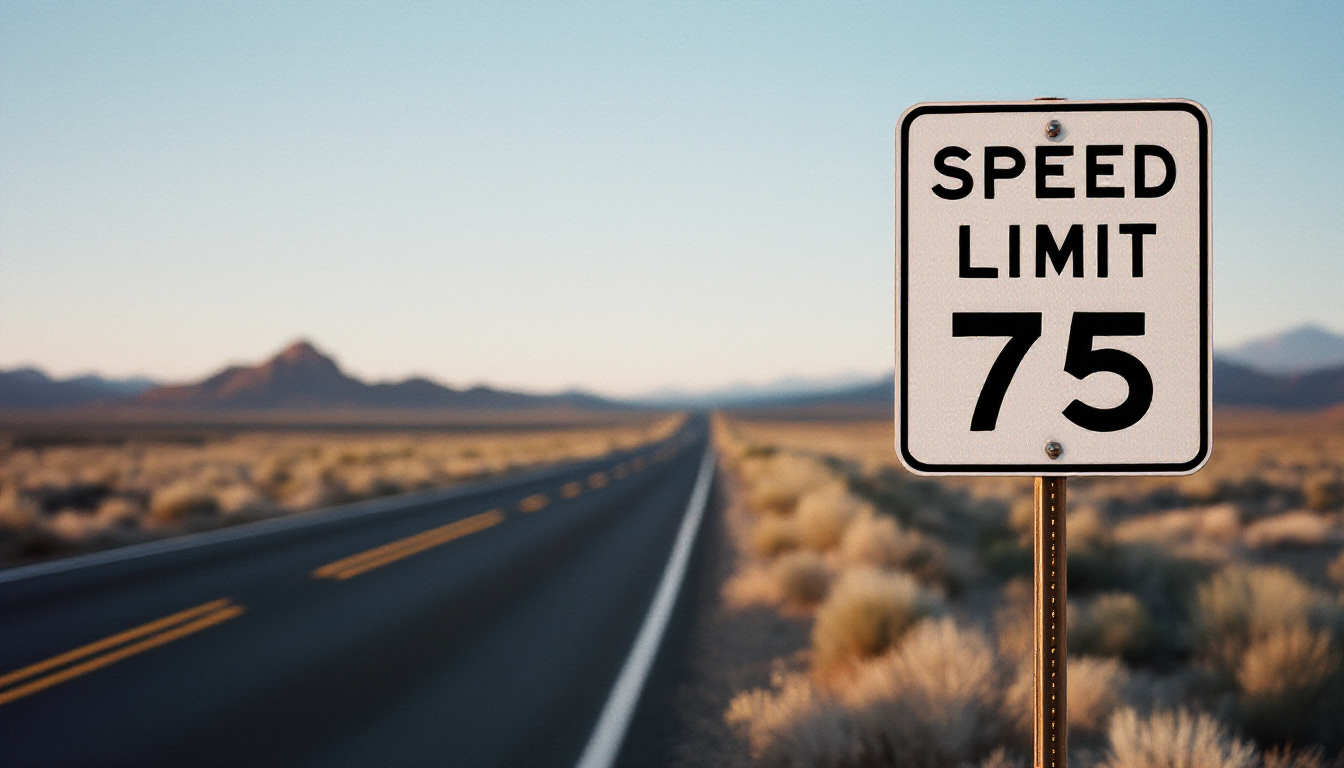 Close-up of an MUTCD SPEED LIMIT 75 sign on a Western US two-lane blacktop at golden hour